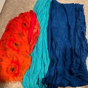 Gauzy scarf bundle.  One red with poppy’s, teal, royal blue.